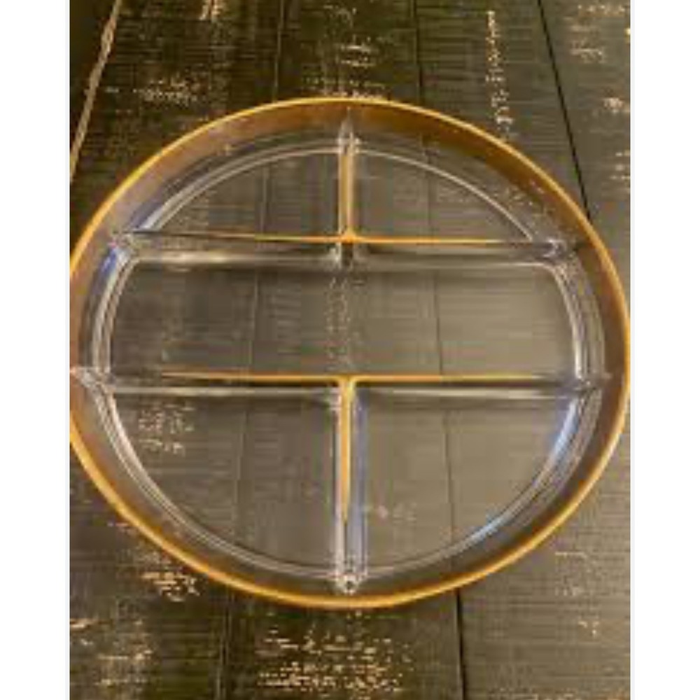 Vintage Art Deco Glass Divided‎ Serving Tray Dish Gold Floral Rim Platter